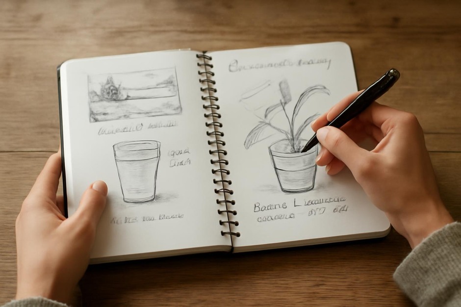 close-up of sketchbook with observational drawings and notes