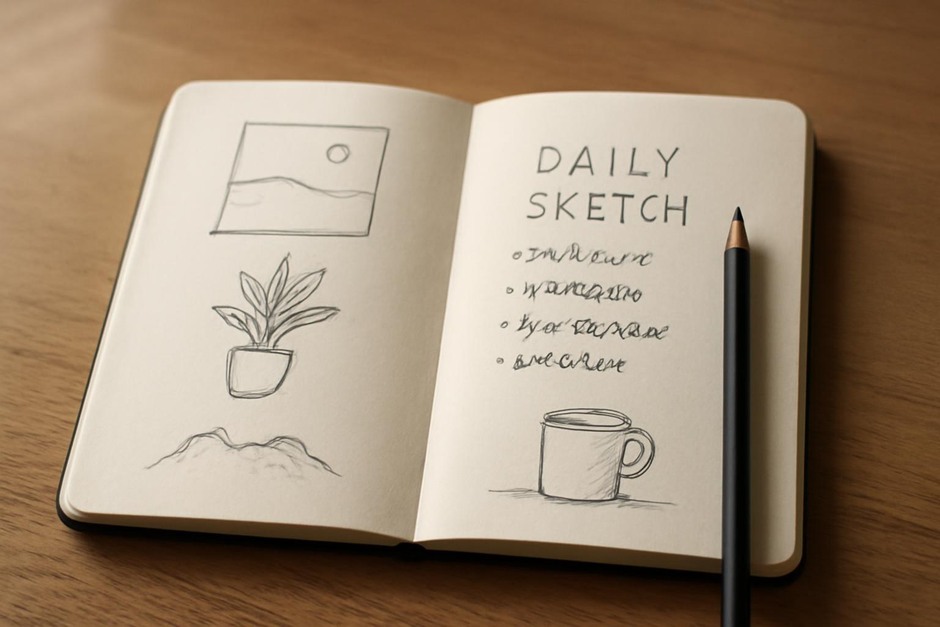 open sketchbook with simple sketches and notes