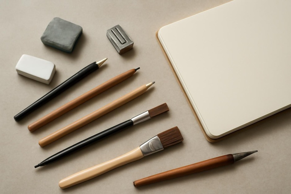 assorted everyday sketching tools on a neutral background