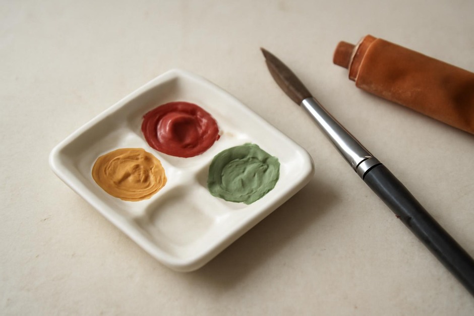 small paint palette with three mixed colours