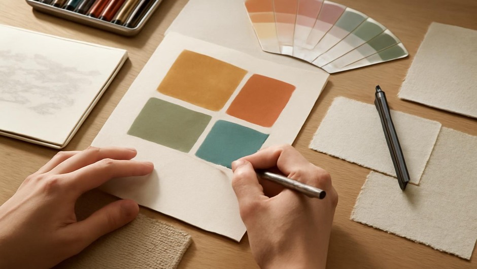 Bright studio image with paint textures, paper layers, and geometric color blocks.